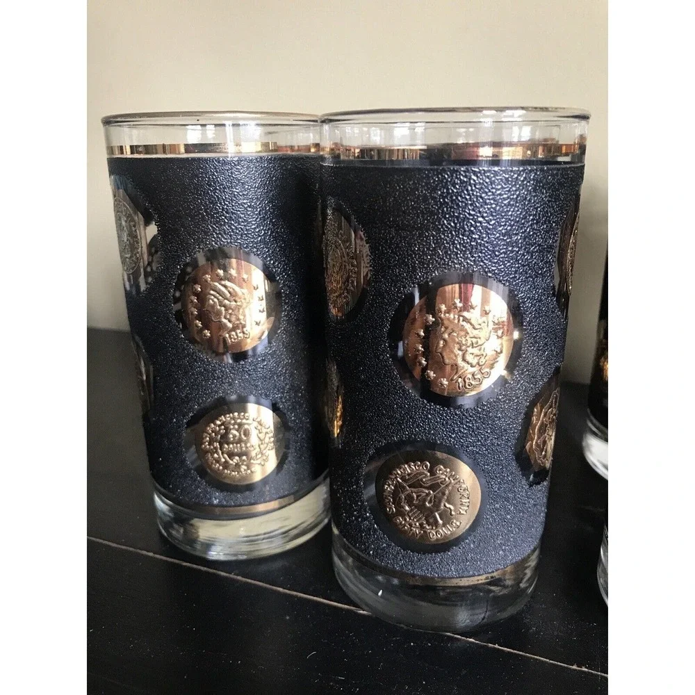 Libbey Black With Gold Coin Highball‎ Tea Glasses Set Of 2